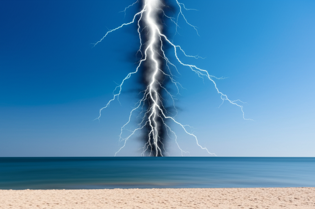 Photorealistic wide-angle view from rocky beach showing one enormous cylindrical pillar of pure white electrical energy erupting straight up from calm ocean water to stratosphere, the pillar is perfectly vertical like a massive luminous tree trunk with diameter of several hundred meters, countless thin bright white lightning tendrils spiral around the main cylindrical core creating a dense woven pattern, NOT branching traditional lightning but a solid unified column structure, the pillar glows intensely white at its core fading to blue-white at edges, dark ominous storm clouds swirl only around the pillar in a localized area while clear blue sky dominates the rest of the scene, calm turquoise ocean reflects the pillar's light, wide rocky beach with scattered boulders in extreme foreground showing dramatic scale, no other lightning anywhere else in sky, single unified phenomenon not multiple strikes, photorealistic lighting and atmosphere