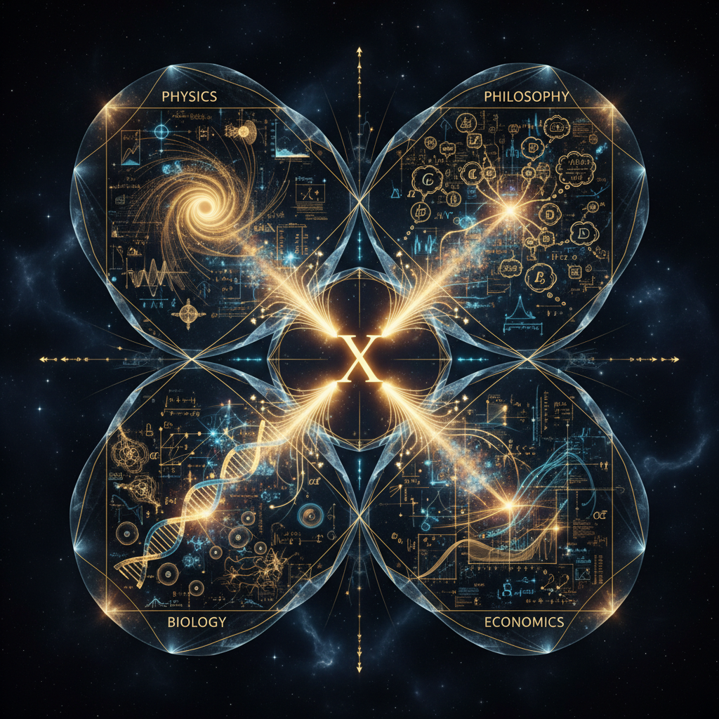 A vast abstract mathematical space with glowing equations and state vectors flowing through interconnected domains unified under a single abstract variable X.