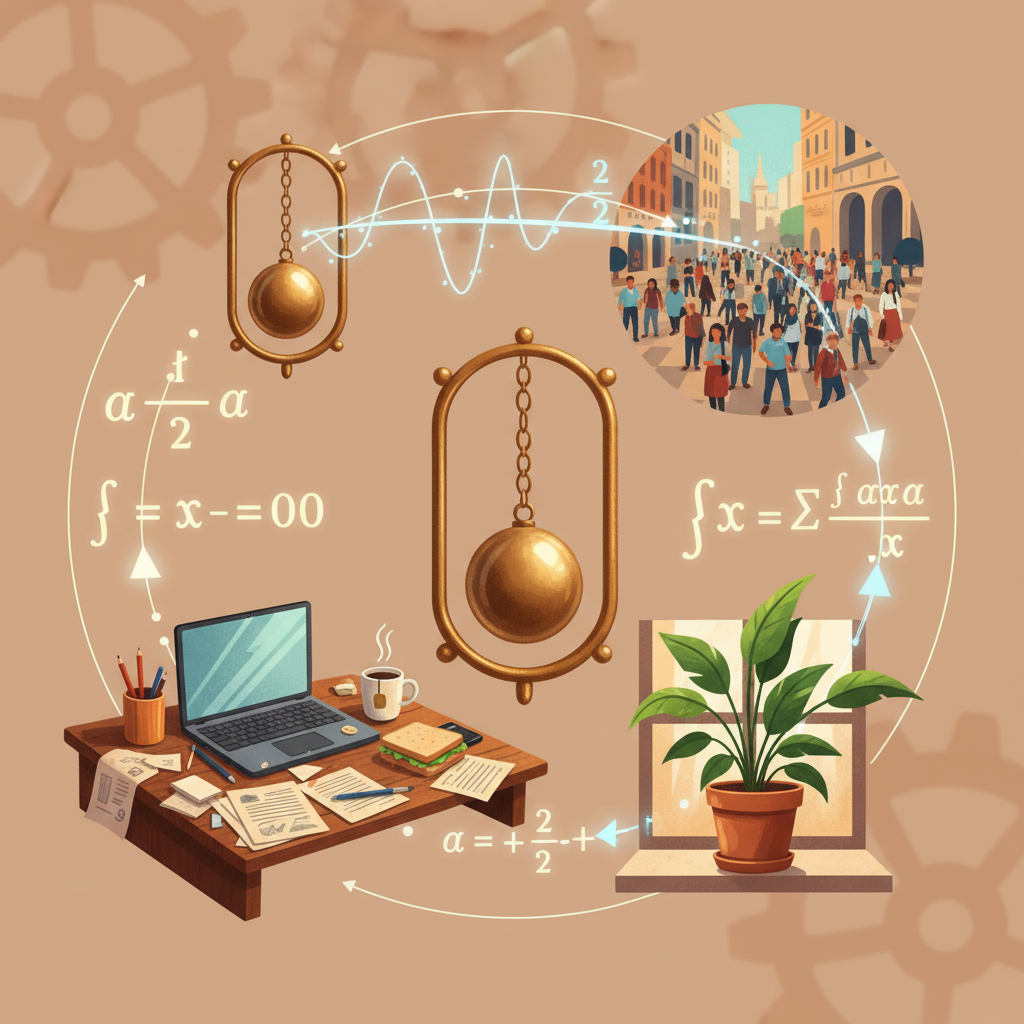 Everyday objects — a messy desk, a swinging pendulum, a crowd of people, a growing plant — connected by glowing mathematical relationships. The physics equations float between them, showing they obey the same laws. Warm, accessible aesthetic.
