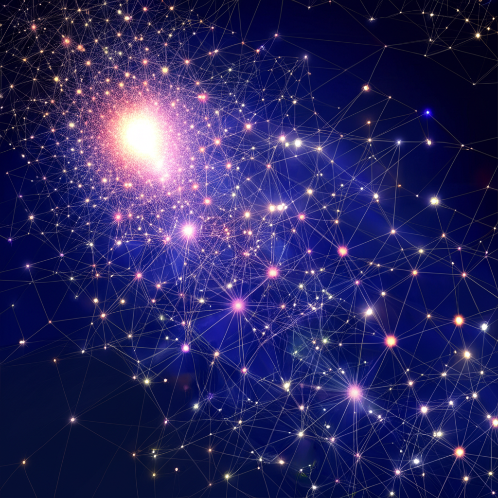 Abstract visualization of software architecture with AI components represented as glowing nodes within a complex system