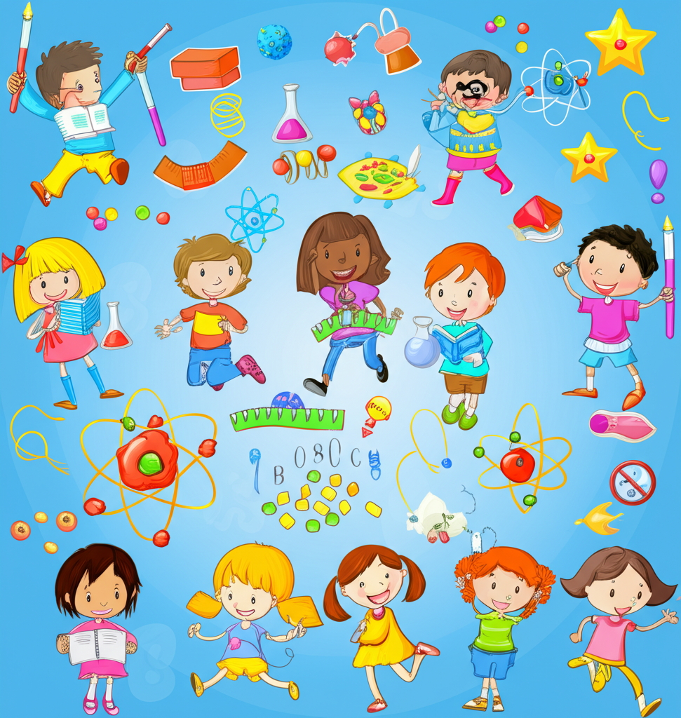 A vibrant collage showing children and adults learning through music, with concepts from science, mathematics, and life skills woven into musical notation and instruments