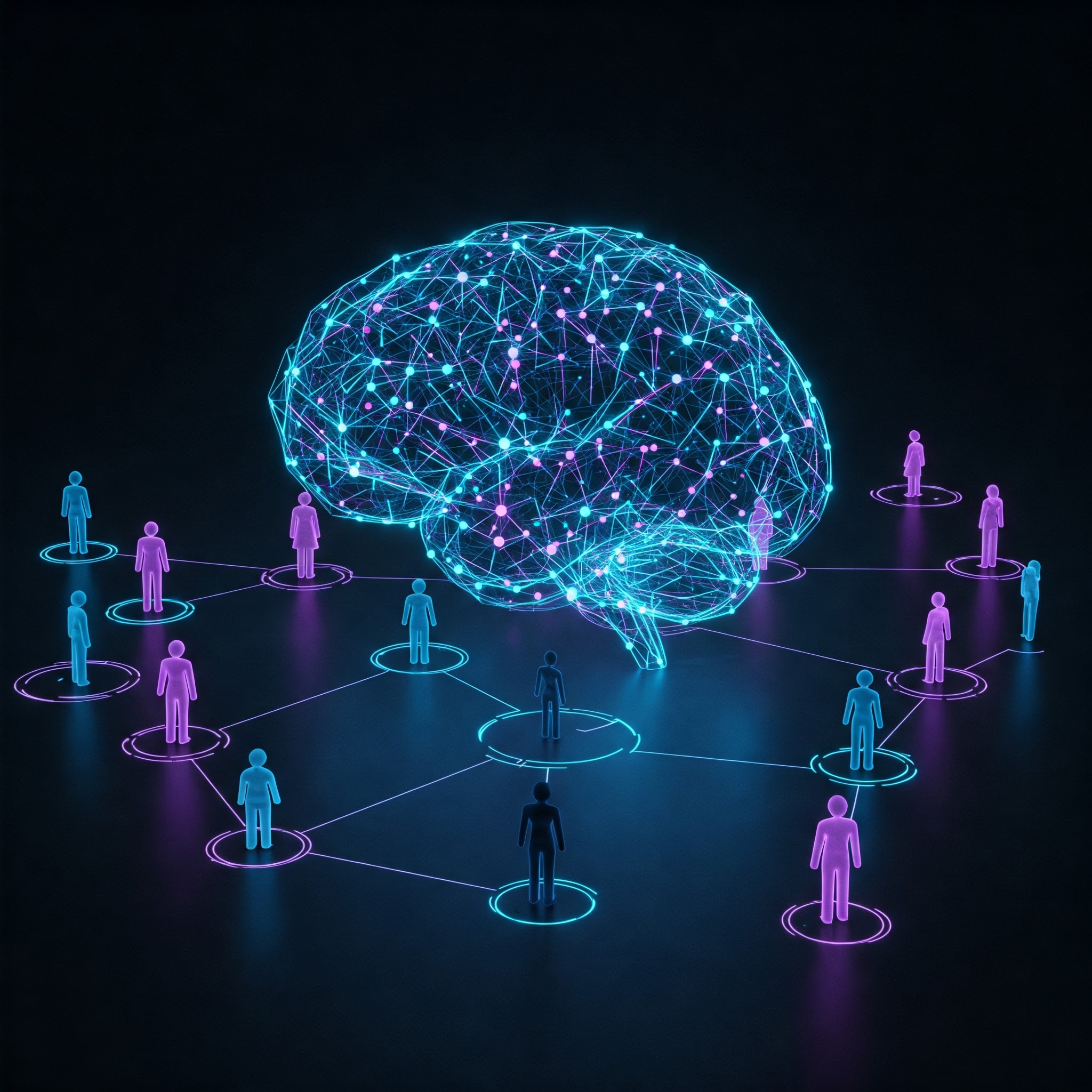 A dynamic multi-scale network where emerald growth patterns interweave with electric blue intelligence nodes, showing the evolution of organizational structures through transparent layers of increasing complexity